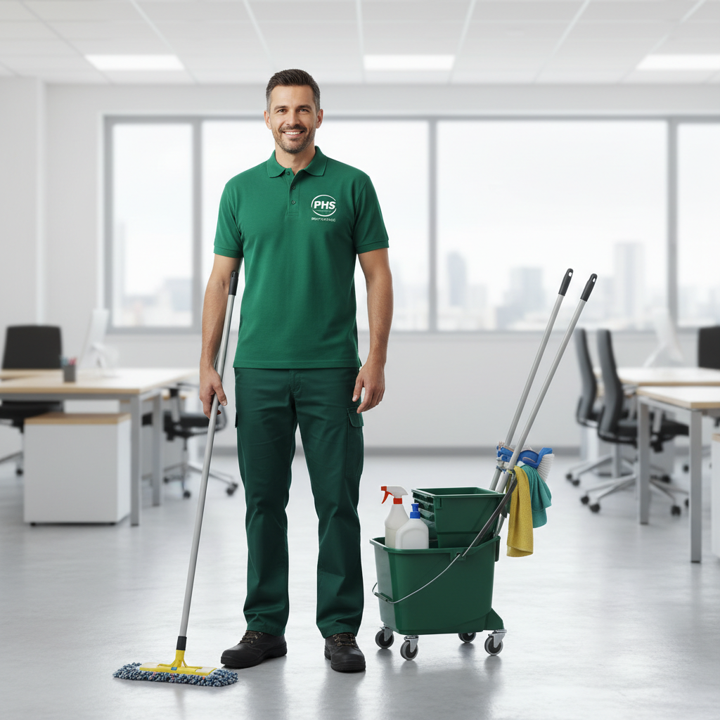 Employé de nettoyage souriant dans un bureau moderne avec un seau et des produits de nettoyage.