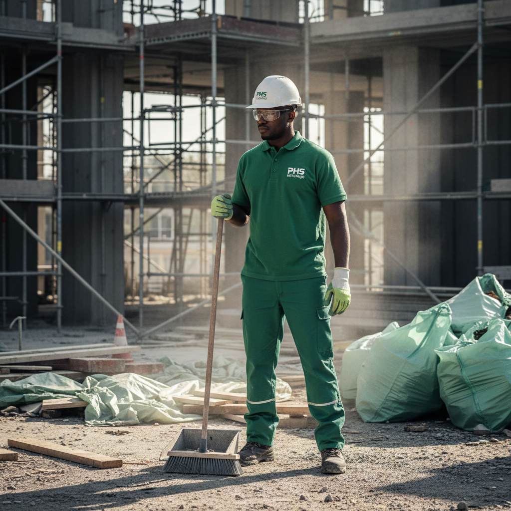 1 agent d'entretien debout avec un balai à la main sur un chantier