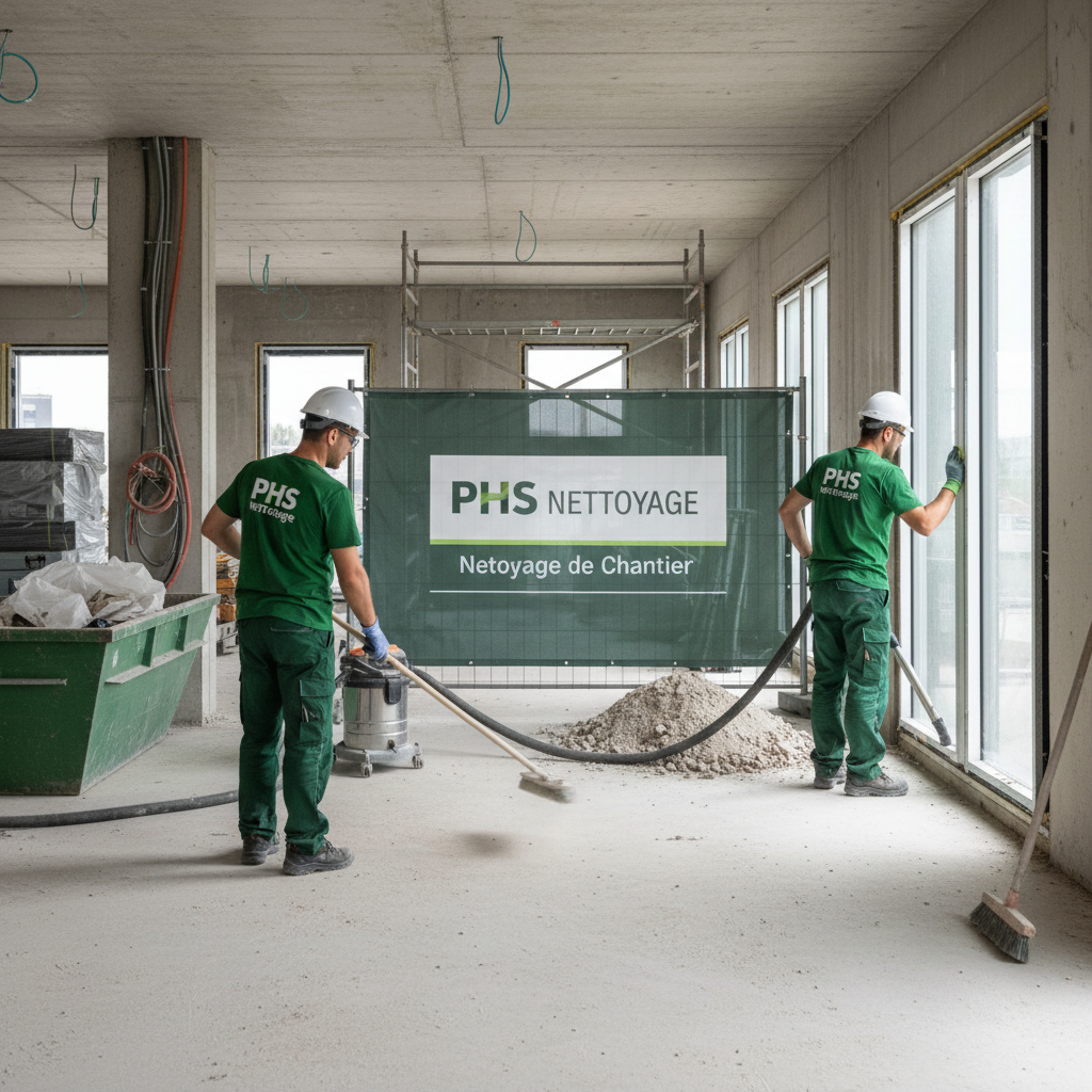 2 hommes sur un chantier qui nettoie les sols avec un balai