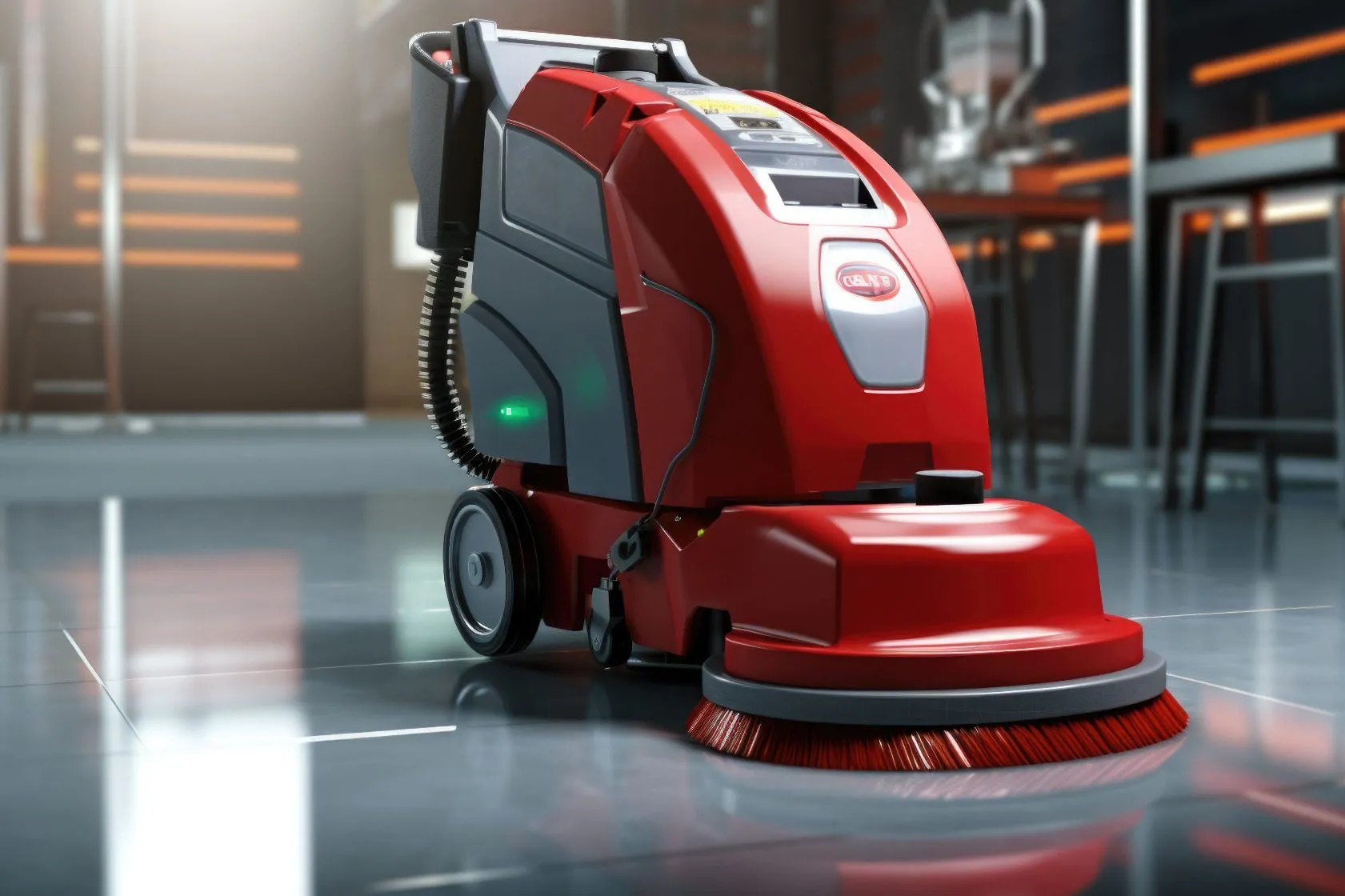 Autolaveuse rouge qui nettoie un sol gris