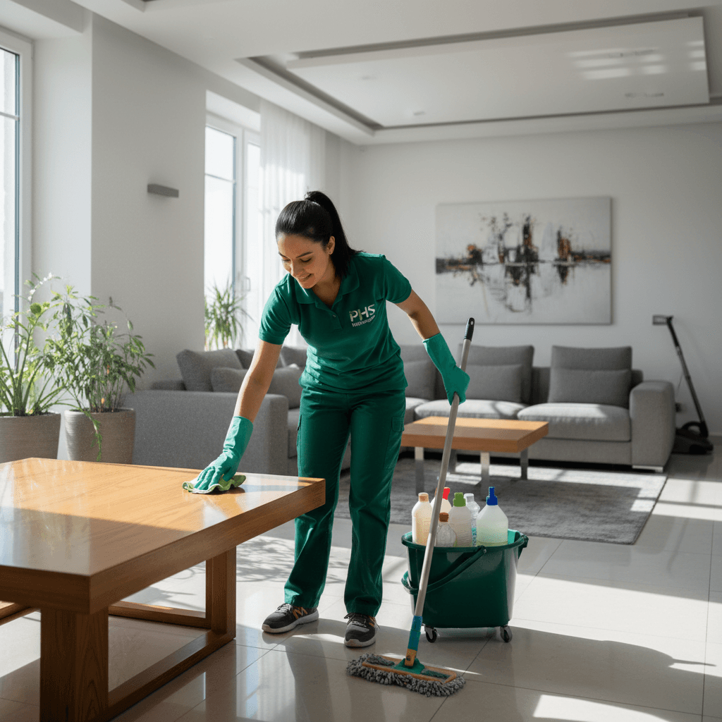 Femme de ménage qui nettoie une table dans une maison