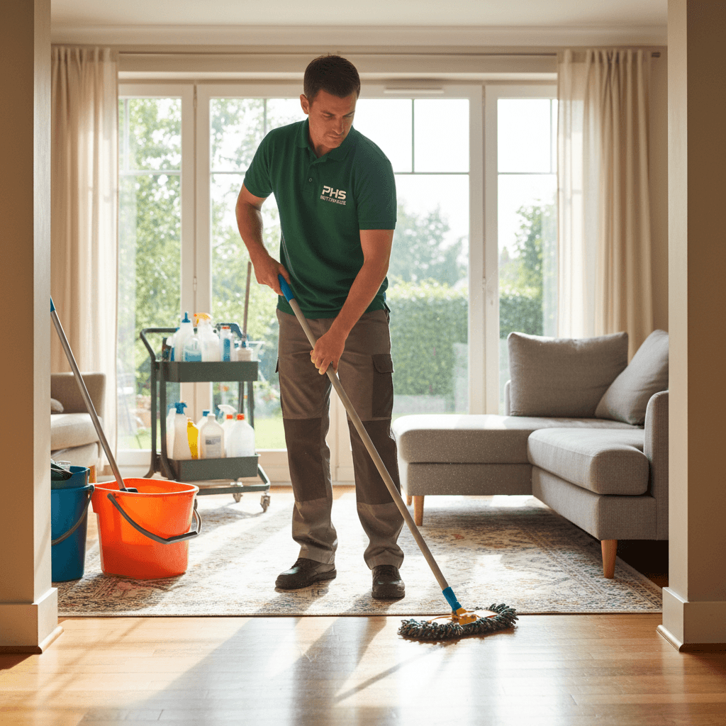 Femme de ménage  qui nettoie une vitres dans une maison