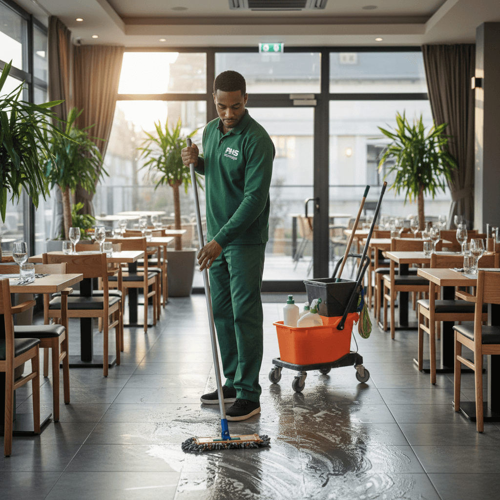 Homme de ménage qui nettoie les sols d'une salle de restaurant