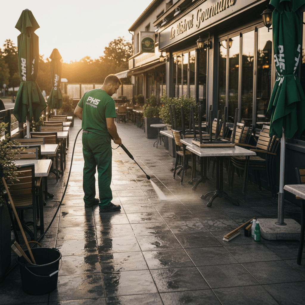 Homme qui nettoie une terrasse de restaurant au karcher