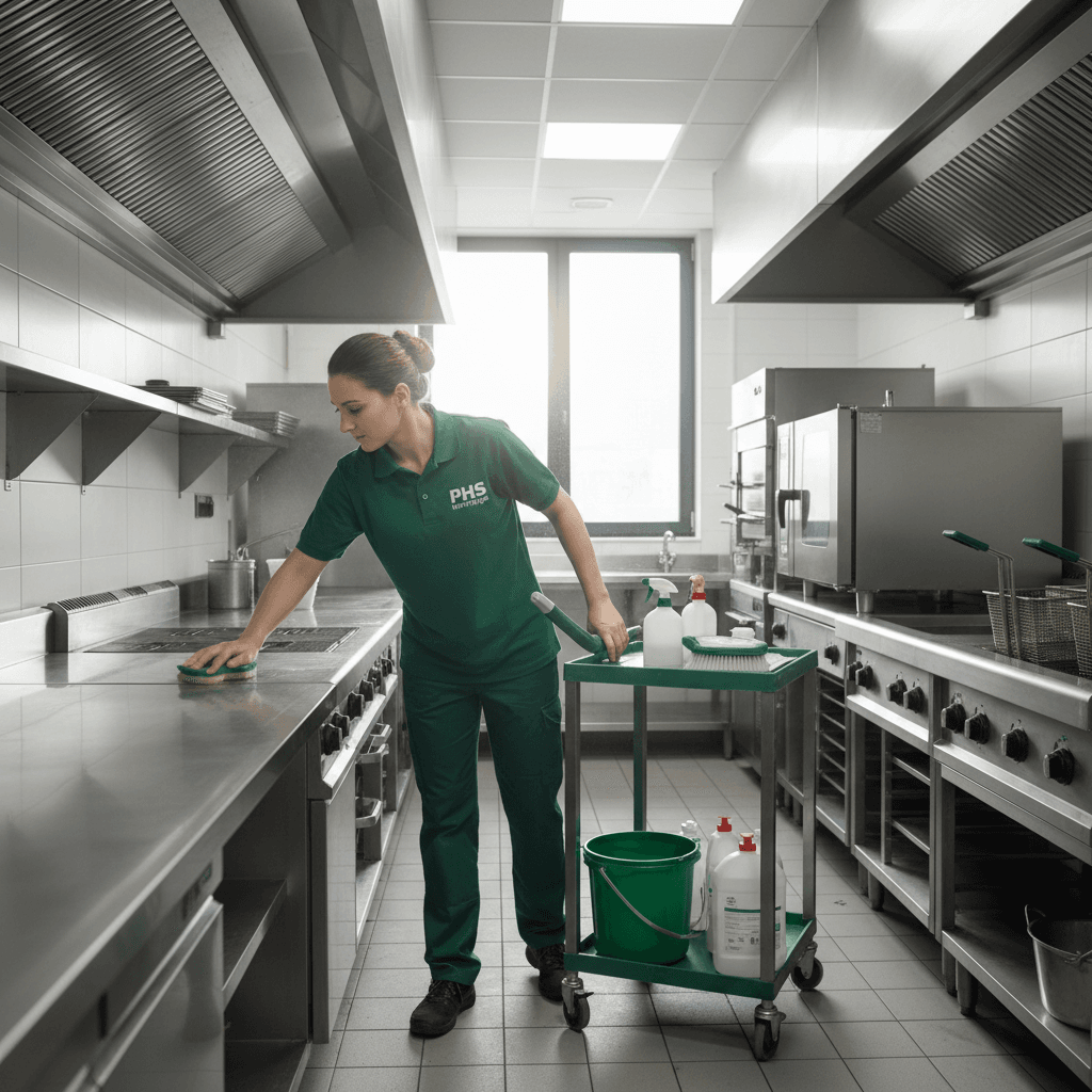 Femme habillé en vert qui nettoie avec une éponge une cuisine de restaurant
