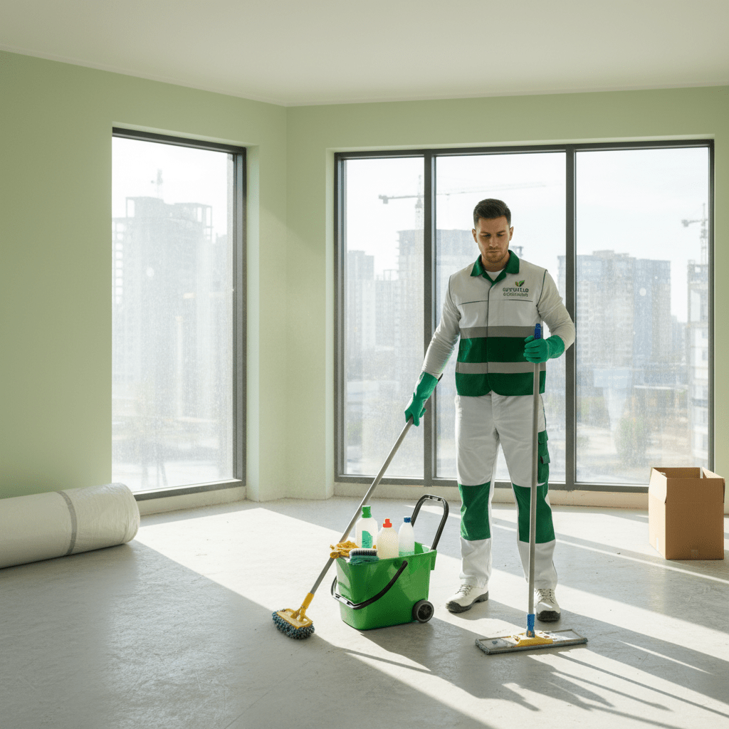 Homme d'entretien debout avec un balai à la main