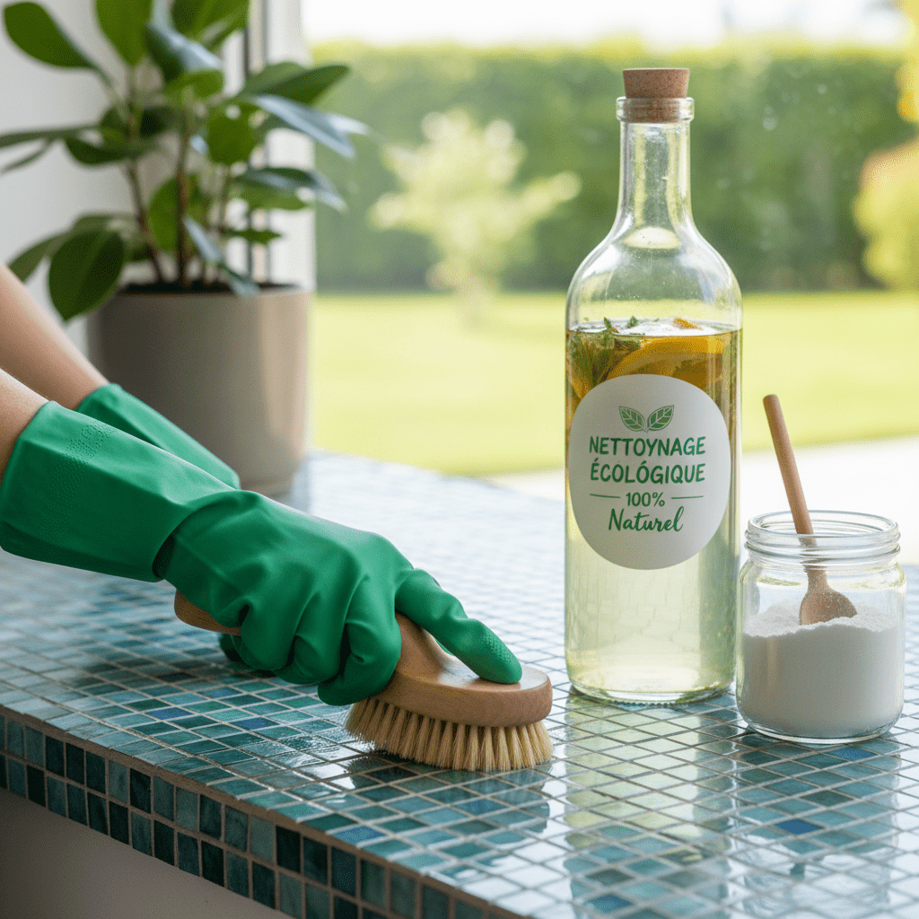 Bouteille avec une solution écologique et une main ganté vert qui nettoie