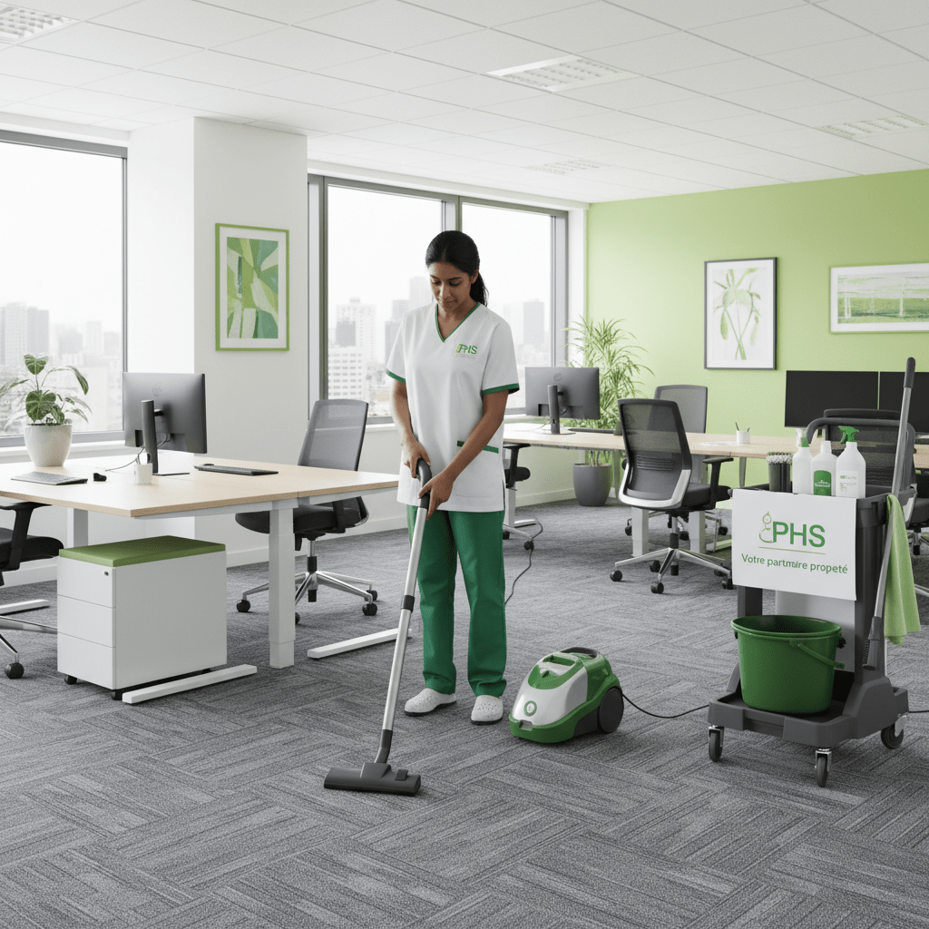 Femme de ménage qui passe l'aspirateur sur les sol d'un bureaux
