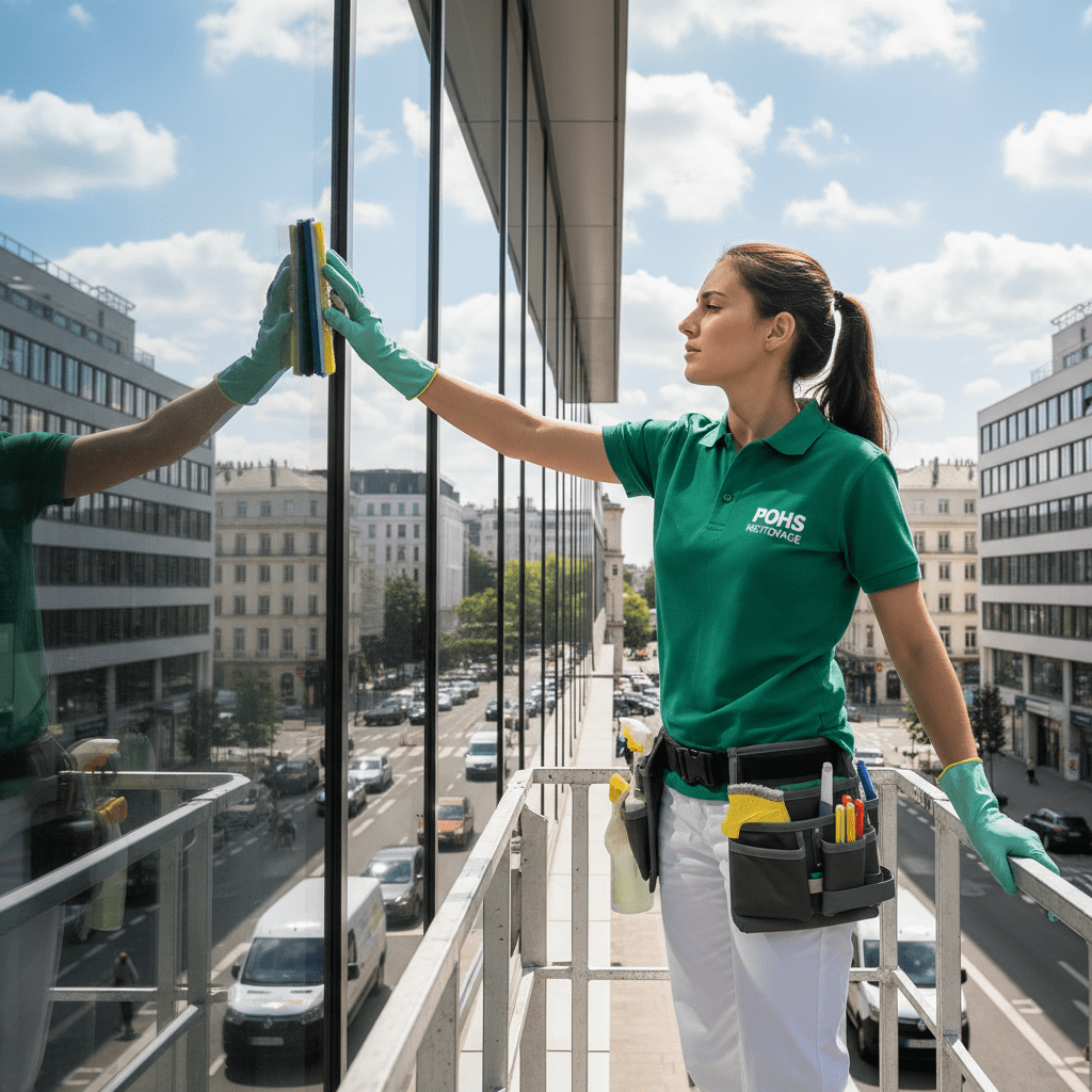 Femme de la société PHS NETTOYAGE qui nettoie des vitrers