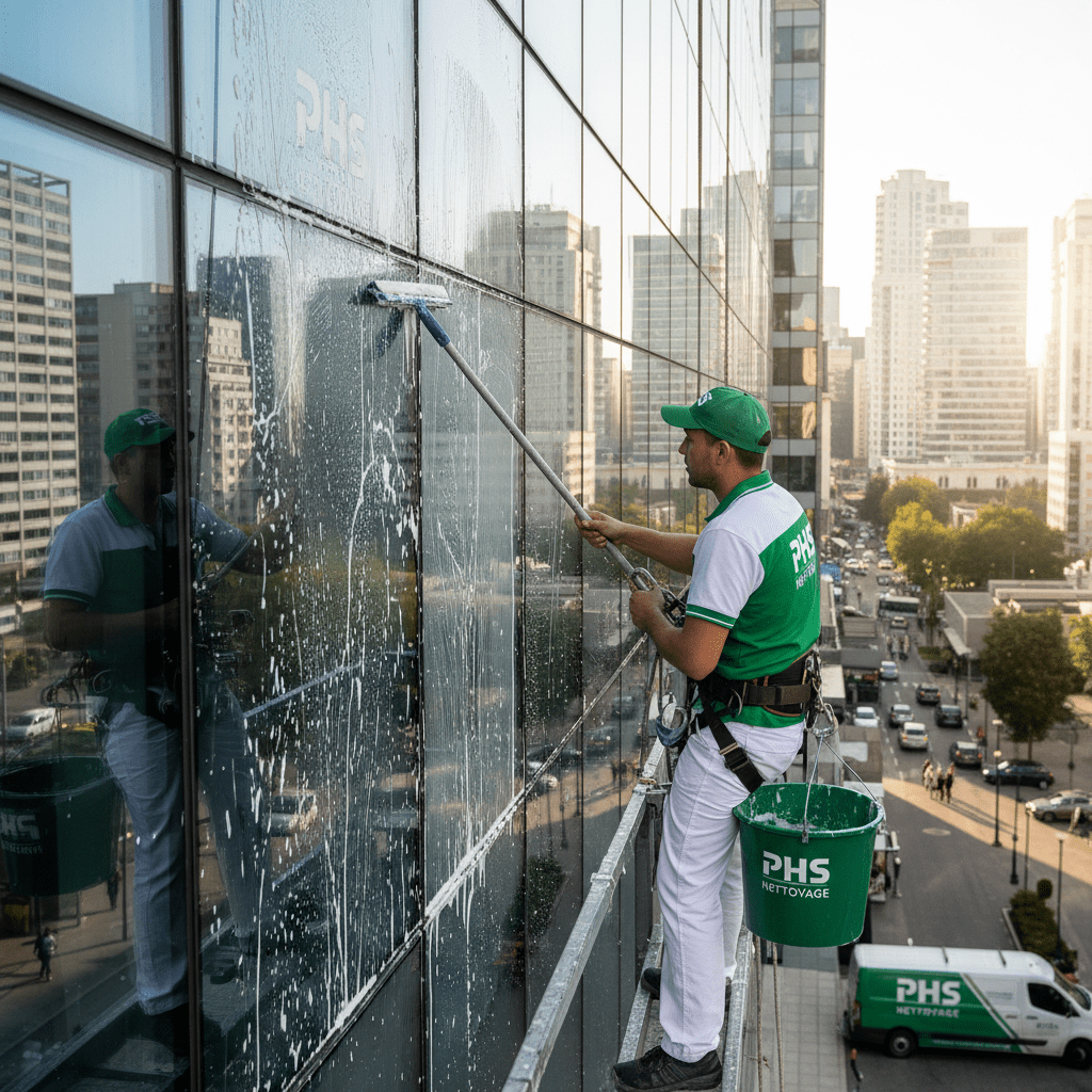 agent d'entretien de la société PHS NETTOYAGE  qui nettoie des vitres