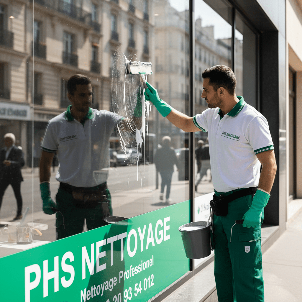 agent de la société PHS NETTOYAGE  qui nettoie une vitrine