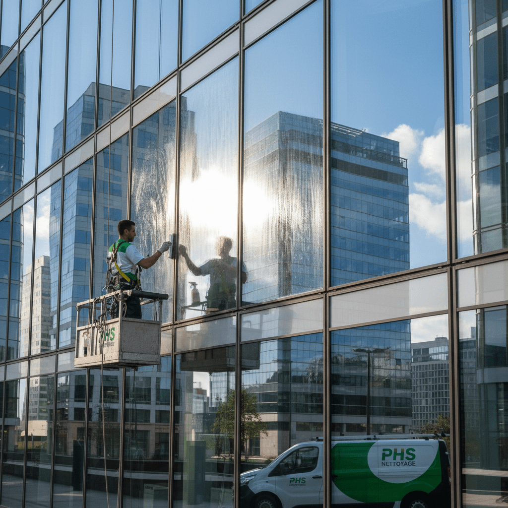Agent de la société phs nettoyage  qui nettoie des vitres en hauteur
