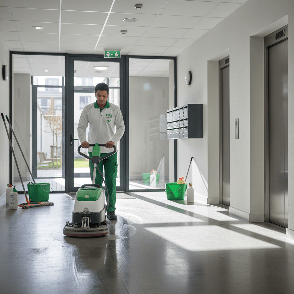 homme qui nettoie les sols d'un batiment avec une machine