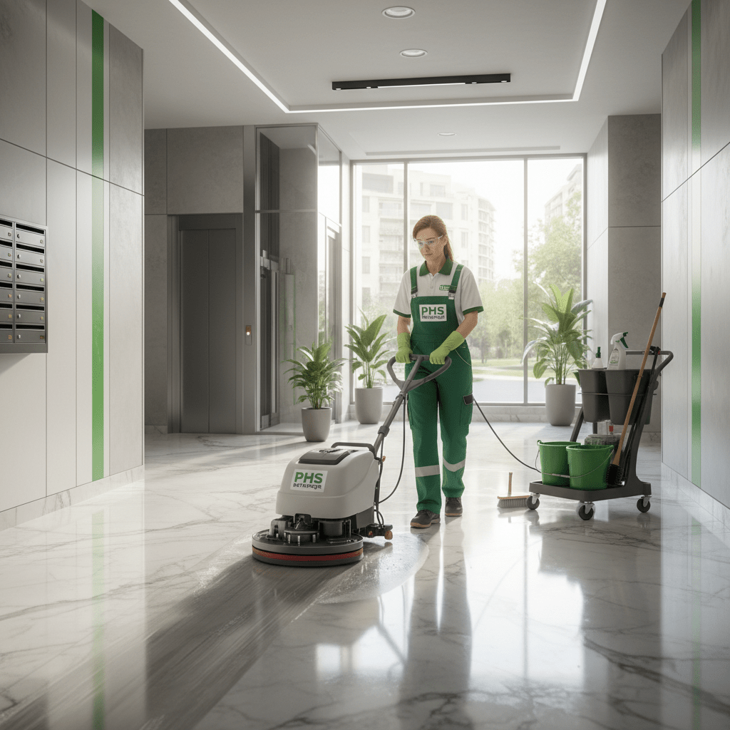 Femme qui nettoie les sols de parties commune