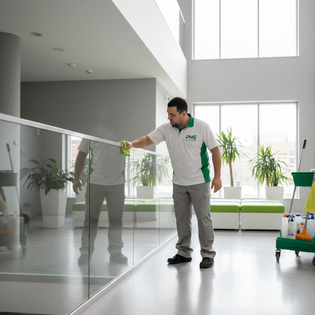 Agent phs nettoyage qui nettoie un garde corps d'un immeuble