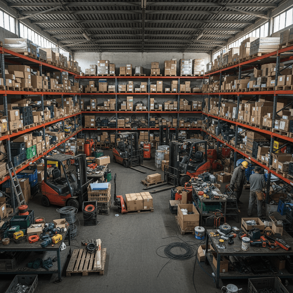 Entrepôt avec des étagères et des cartons 