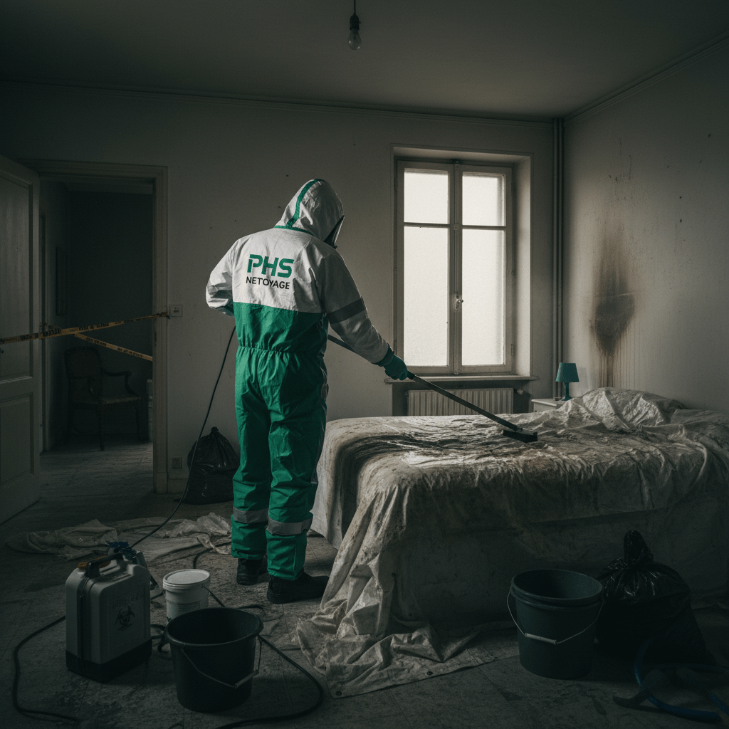 Agent de la société phs nettoyage qui nettoie une scene de suicide dans une maison