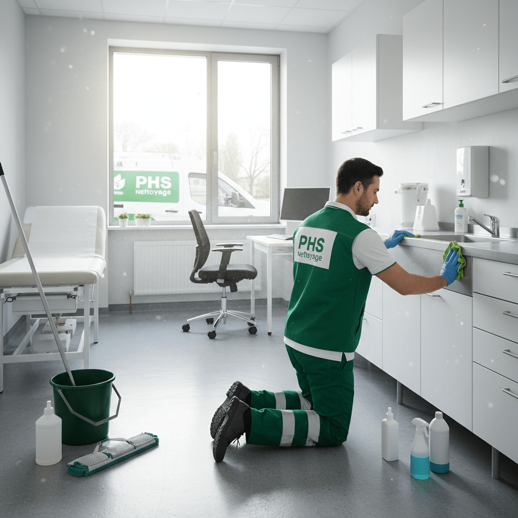 Homme qui nettoie à genoux le mobilier d'un cabinet médical