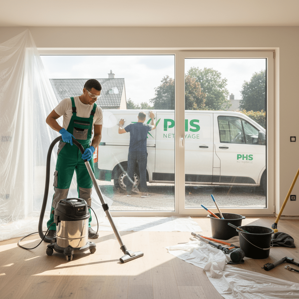Homme qui  nettoie une maison après des travaux de rénovation
