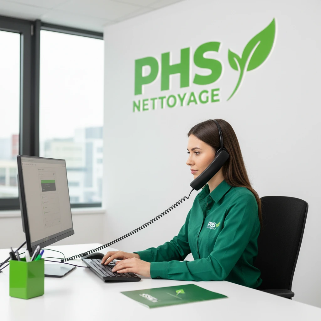 Femme qui repond au téléphone devant un ordianteur d'un bureau d'acceuil