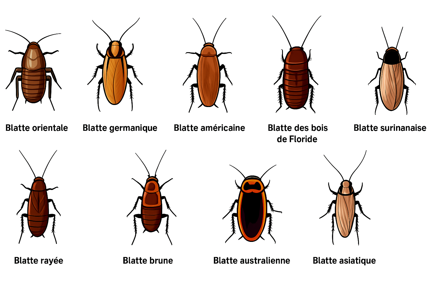 Différentes espèces de blatte et cafards 