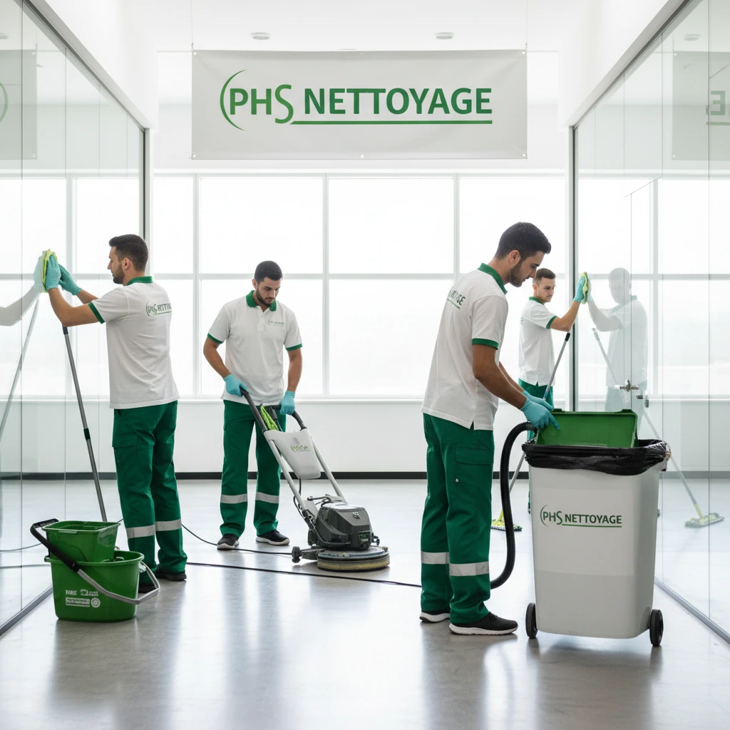 Equipe de 4 agent d'entretien qui nettoie un local professionnel
