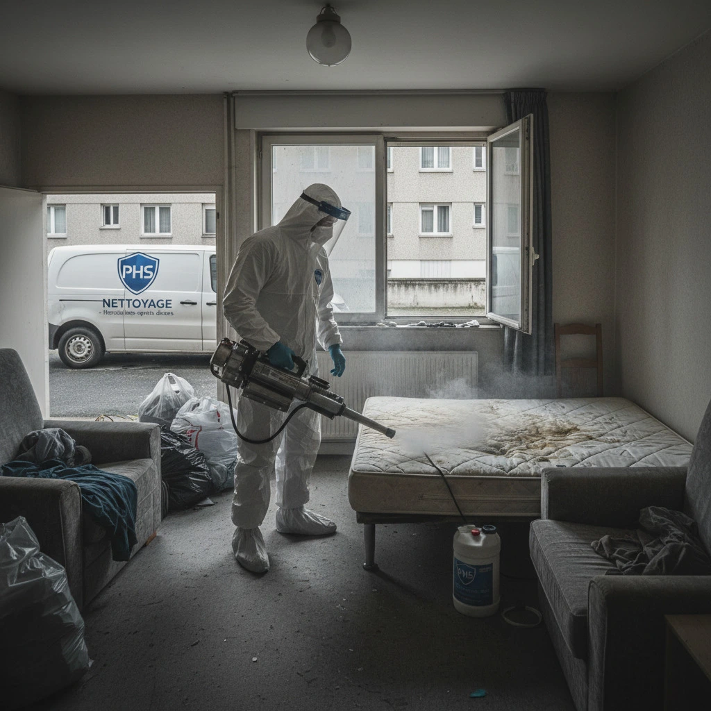 Homme en combinaison blanche qui désinfecte une chambre suite à un décès