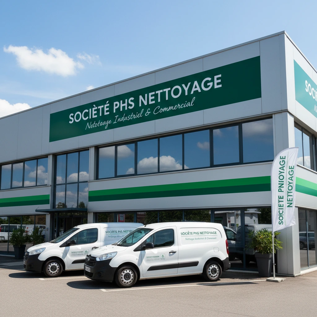 Baîtiment de la société PHS NETTOYAGE avec des vehicules devant