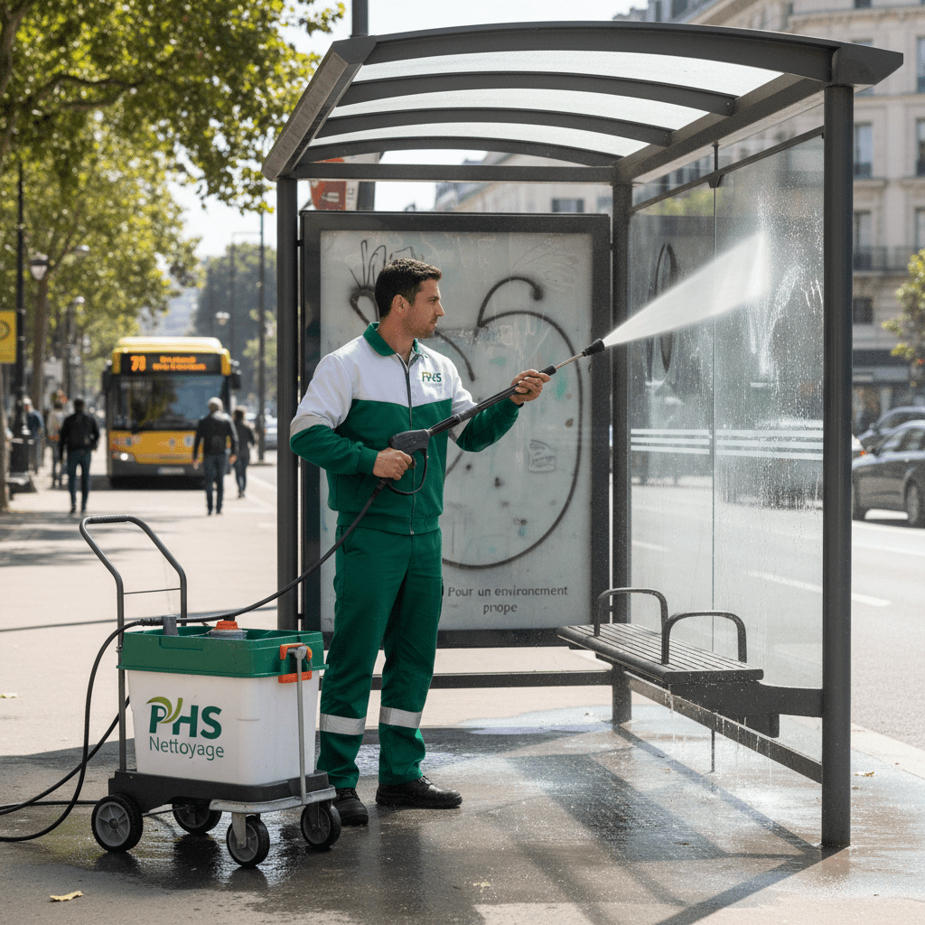 Nettoyage arrêt de bus par un agent de la société phs nettoyage (vert et blanc)
