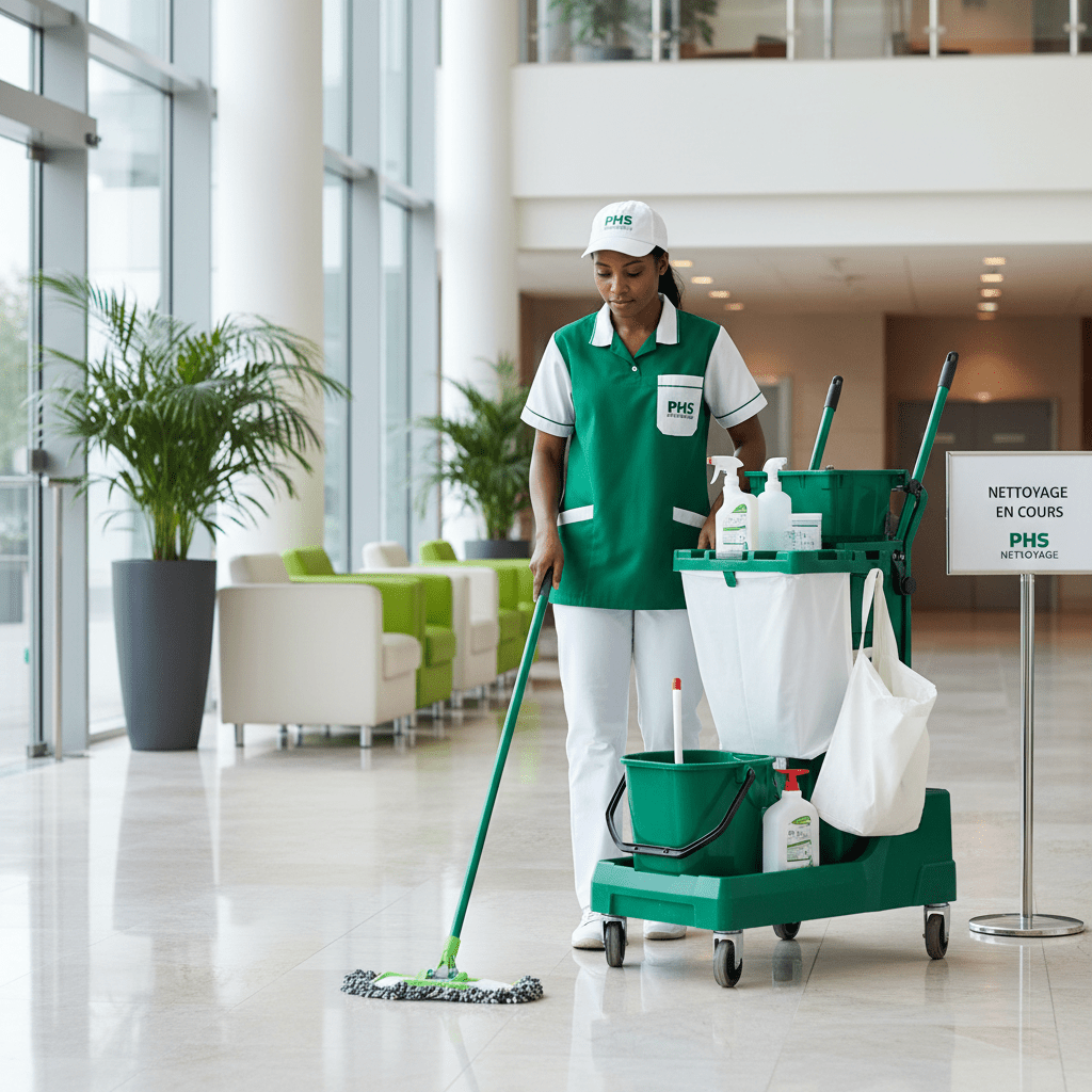 Femme de ménage avec un chariot qui nettoie des sols