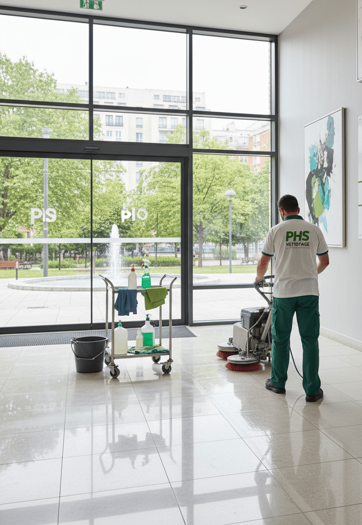 Homme d'entretien qui nettoie les sols d'un hall d'entrée