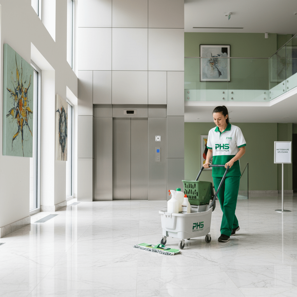 Femme de ménage qui passe une machine dans des parties communes 